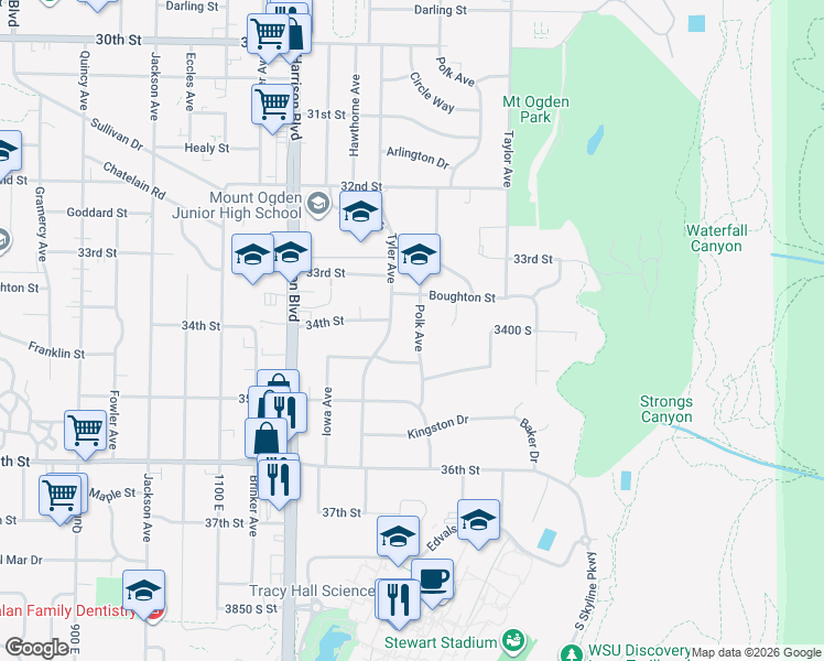 map of restaurants, bars, coffee shops, grocery stores, and more near 3370 Polk Avenue in Ogden