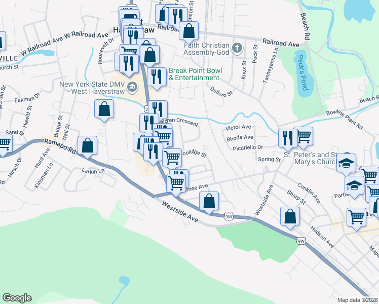 map of restaurants, bars, coffee shops, grocery stores, and more near 60 Coolidge Street in Haverstraw