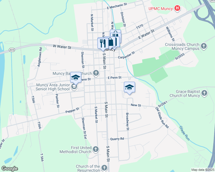 map of restaurants, bars, coffee shops, grocery stores, and more near 215 South Main Street in Muncy