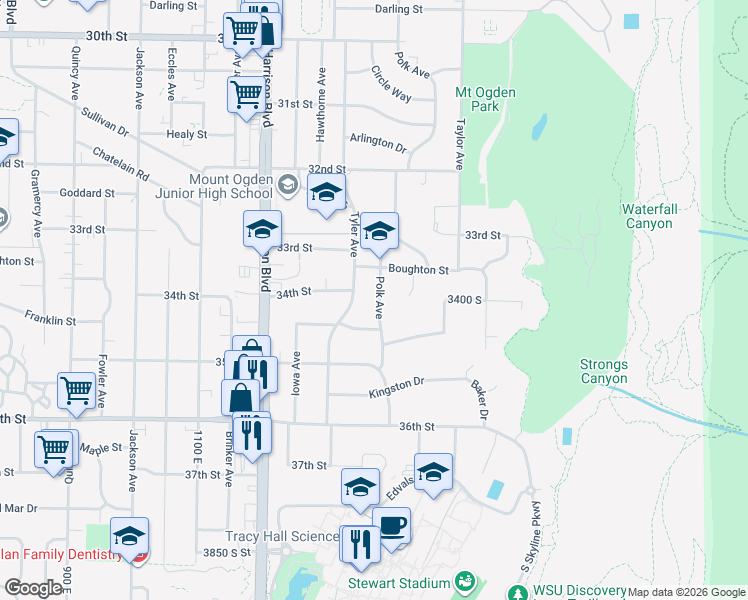 map of restaurants, bars, coffee shops, grocery stores, and more near 3370 Polk Avenue in Ogden