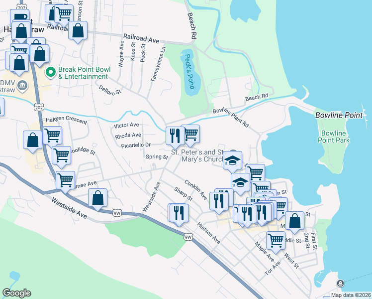 map of restaurants, bars, coffee shops, grocery stores, and more near 172 Broadway in Haverstraw