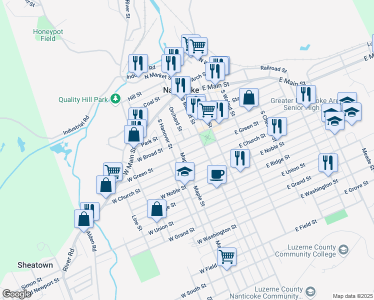 map of restaurants, bars, coffee shops, grocery stores, and more near 34-36 East Broad Street in Nanticoke