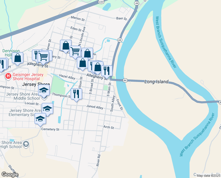 map of restaurants, bars, coffee shops, grocery stores, and more near Front Street in Jersey Shore