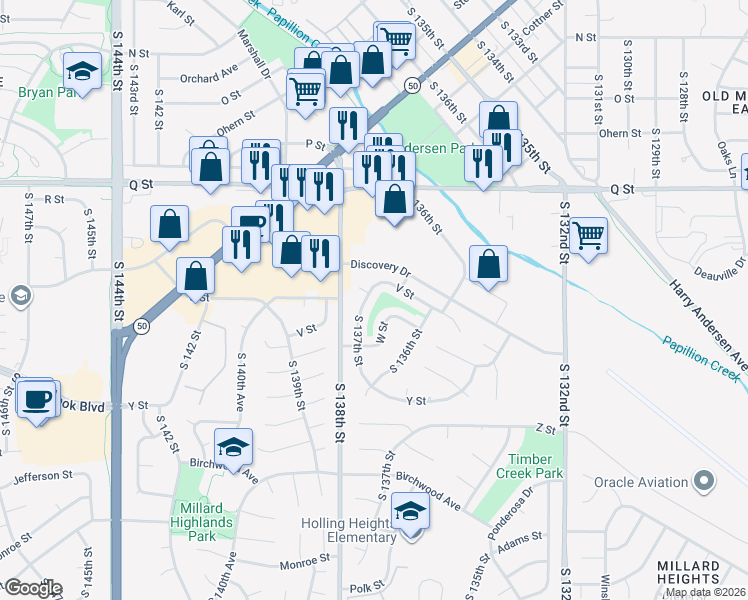 map of restaurants, bars, coffee shops, grocery stores, and more near 5705 South 137th Street in Omaha