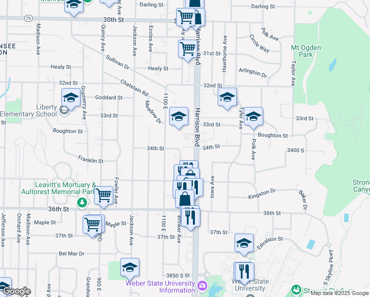 map of restaurants, bars, coffee shops, grocery stores, and more near 3329 Harrison Boulevard in Ogden