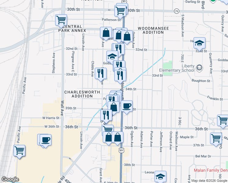 map of restaurants, bars, coffee shops, grocery stores, and more near 358 34th Street in Ogden