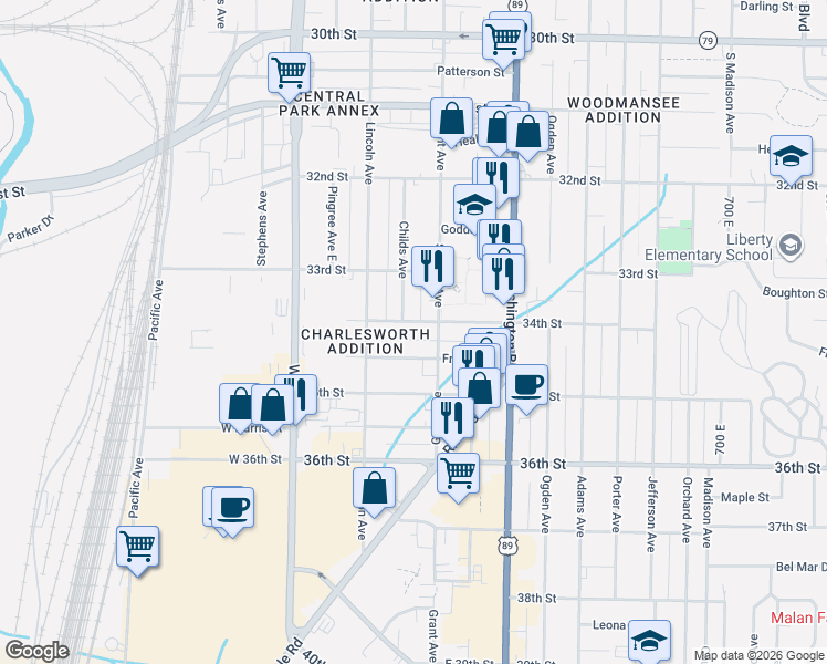 map of restaurants, bars, coffee shops, grocery stores, and more near 3356 Childs Avenue in Ogden