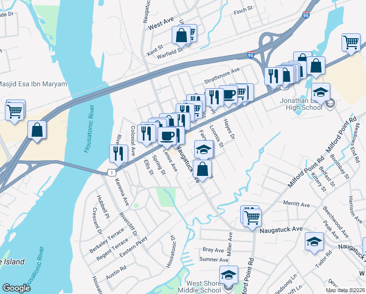 map of restaurants, bars, coffee shops, grocery stores, and more near 551 Naugatuck Avenue in Milford