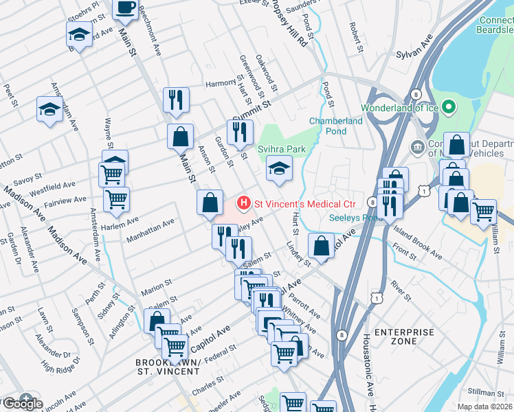 map of restaurants, bars, coffee shops, grocery stores, and more near 889 Lindley Street in Bridgeport