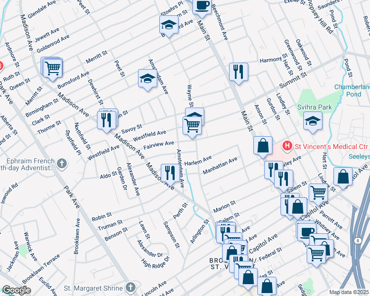 map of restaurants, bars, coffee shops, grocery stores, and more near 601 Fairview Avenue in Bridgeport