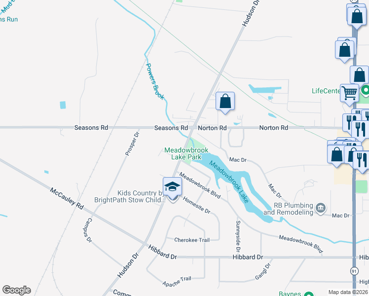 map of restaurants, bars, coffee shops, grocery stores, and more near 5069 Hudson Drive in Stow