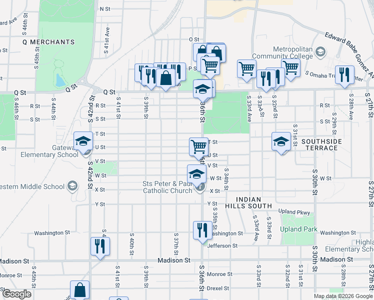 map of restaurants, bars, coffee shops, grocery stores, and more near 3624 U Street in Omaha
