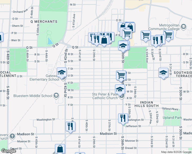 map of restaurants, bars, coffee shops, grocery stores, and more near 3812 U Street in Omaha