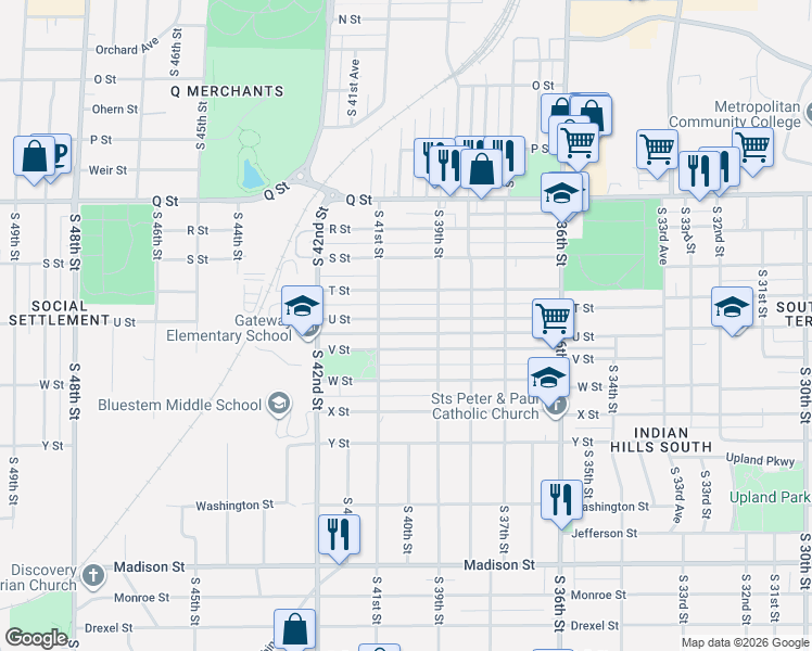 map of restaurants, bars, coffee shops, grocery stores, and more near 3916 U Street in Omaha
