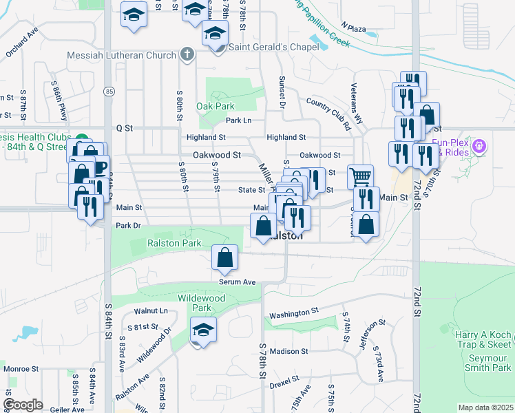 map of restaurants, bars, coffee shops, grocery stores, and more near 5520 Miller Avenue in Ralston