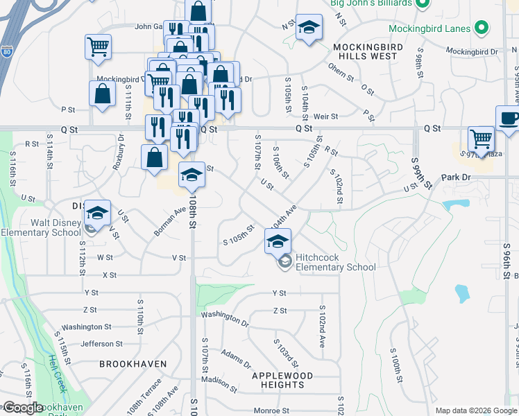 map of restaurants, bars, coffee shops, grocery stores, and more near 10529 V Street in Omaha