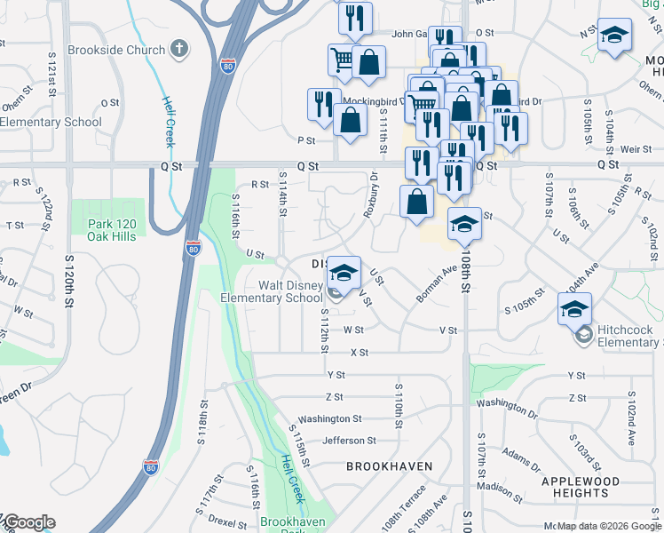 map of restaurants, bars, coffee shops, grocery stores, and more near 11209 Roxbury Drive in Omaha