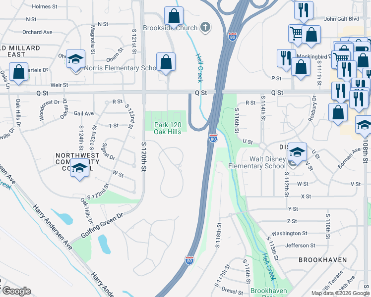 map of restaurants, bars, coffee shops, grocery stores, and more near 5621 South 118th Plaza in Omaha