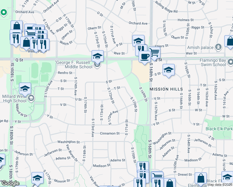 map of restaurants, bars, coffee shops, grocery stores, and more near 5503 South 171st Street in Omaha