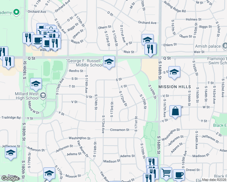 map of restaurants, bars, coffee shops, grocery stores, and more near 17216 T Circle in Omaha