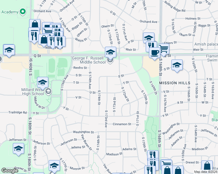 map of restaurants, bars, coffee shops, grocery stores, and more near 17216 T Circle in Omaha