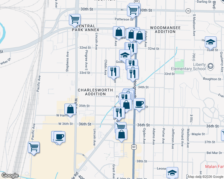 map of restaurants, bars, coffee shops, grocery stores, and more near 308 34th Street in Ogden