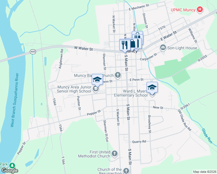 map of restaurants, bars, coffee shops, grocery stores, and more near 200-206 South Market Street in Muncy