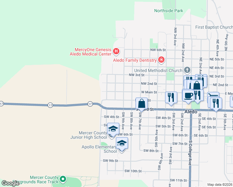 map of restaurants, bars, coffee shops, grocery stores, and more near 901-999 West Main Street in Aledo