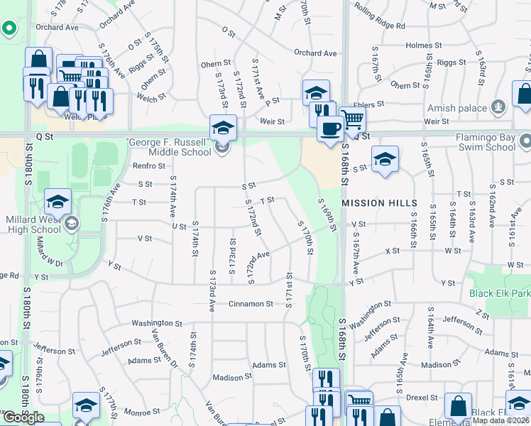 map of restaurants, bars, coffee shops, grocery stores, and more near 5503 South 171st Street in Omaha