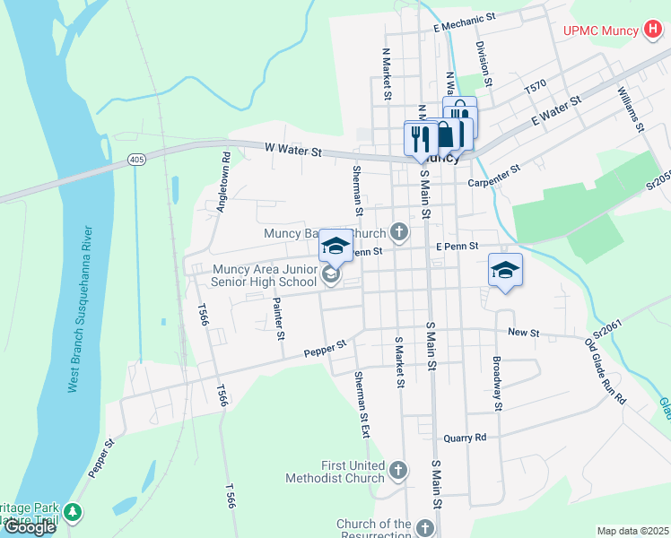 map of restaurants, bars, coffee shops, grocery stores, and more near 200 West Penn Street in Muncy