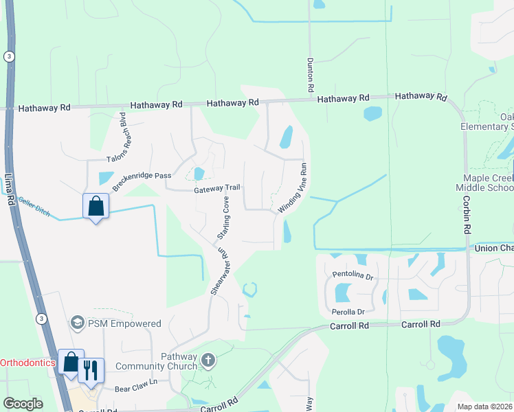 map of restaurants, bars, coffee shops, grocery stores, and more near Vintner's Way in Fort Wayne