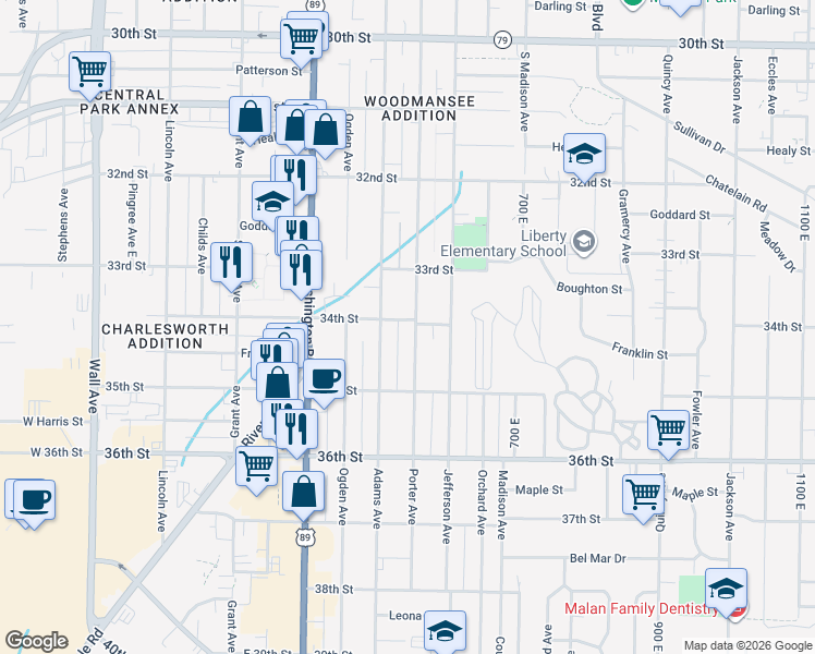 map of restaurants, bars, coffee shops, grocery stores, and more near 3405 Porter Avenue in Ogden