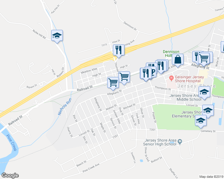 map of restaurants, bars, coffee shops, grocery stores, and more near 1440 Allegheny Street in Jersey Shore
