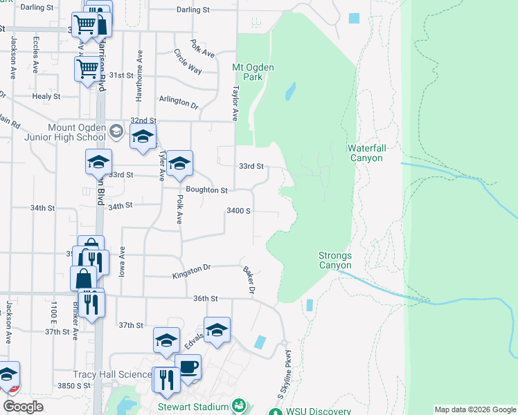 map of restaurants, bars, coffee shops, grocery stores, and more near 1550 34th Street in Ogden