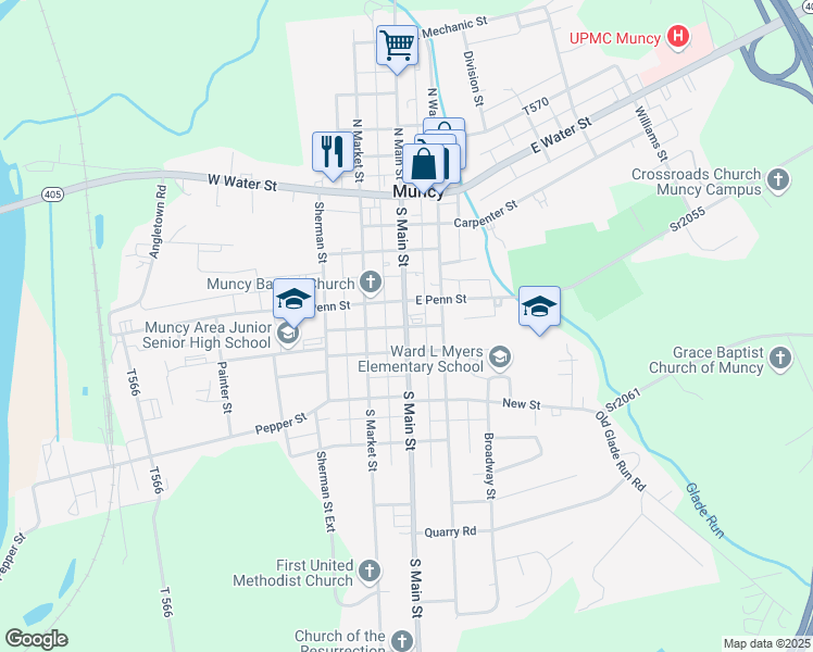 map of restaurants, bars, coffee shops, grocery stores, and more near 215 South Main Street in Muncy