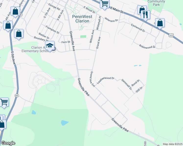 map of restaurants, bars, coffee shops, grocery stores, and more near 343 Grand Avenue Extended in Clarion