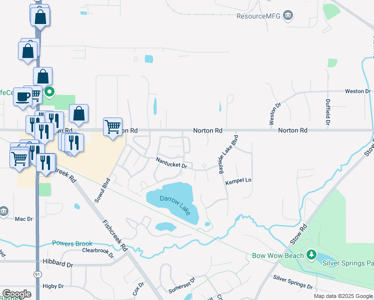map of restaurants, bars, coffee shops, grocery stores, and more near 5152 Bridgeport Lane in Stow