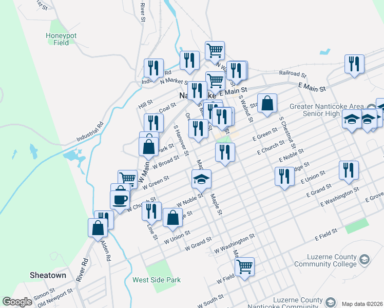 map of restaurants, bars, coffee shops, grocery stores, and more near 34-36 East Broad Street in Nanticoke