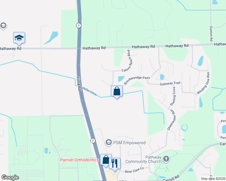 map of restaurants, bars, coffee shops, grocery stores, and more near Breckenridge Pass in Fort Wayne