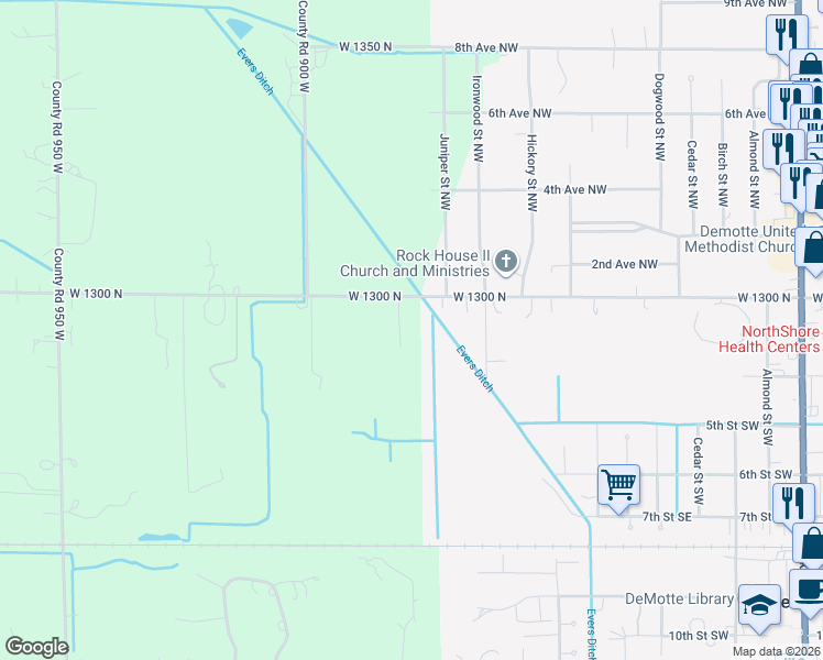 map of restaurants, bars, coffee shops, grocery stores, and more near 8871 County Road 900 in De Motte