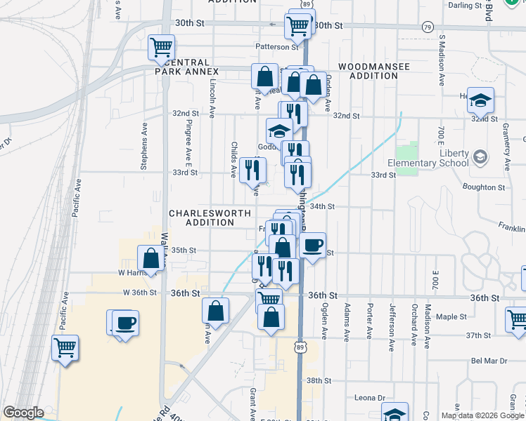 map of restaurants, bars, coffee shops, grocery stores, and more near 309 34th Street in Ogden