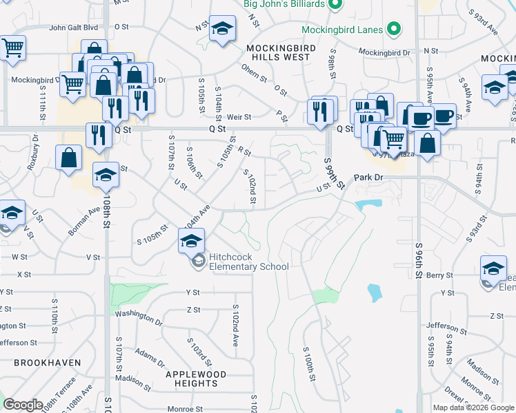 map of restaurants, bars, coffee shops, grocery stores, and more near 5517 South 102nd Street in Omaha