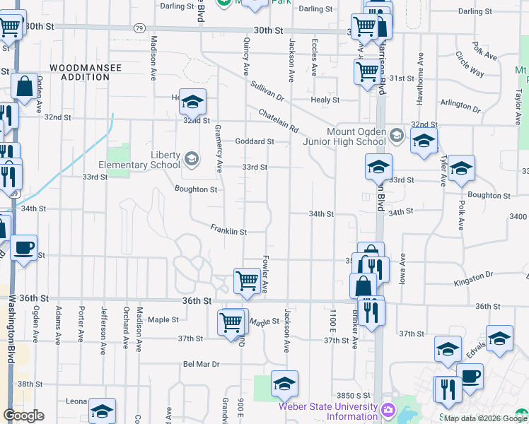 map of restaurants, bars, coffee shops, grocery stores, and more near 3371 Fowler Avenue in Ogden