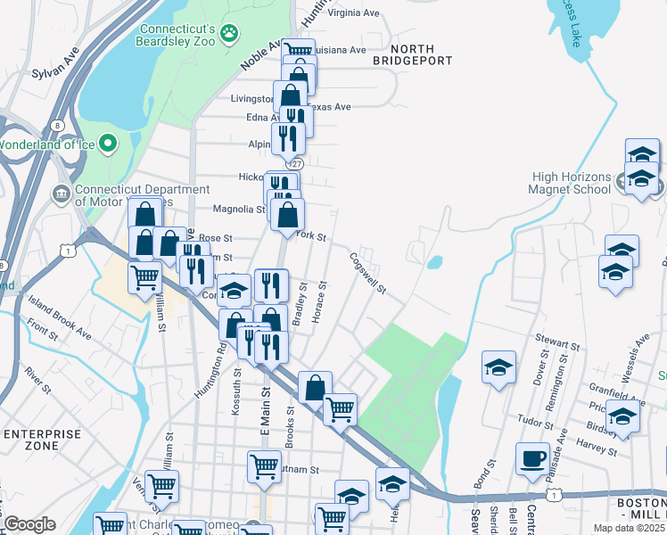 map of restaurants, bars, coffee shops, grocery stores, and more near 271 Horace Street in Bridgeport