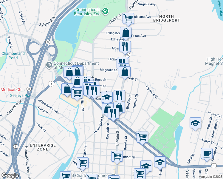 map of restaurants, bars, coffee shops, grocery stores, and more near 698 Huntington Road in Bridgeport
