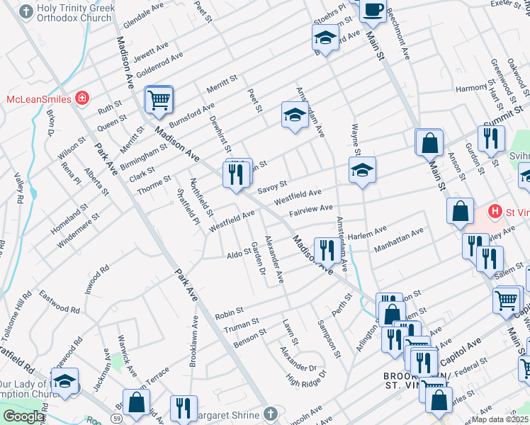 map of restaurants, bars, coffee shops, grocery stores, and more near 1714 Madison Avenue in Bridgeport