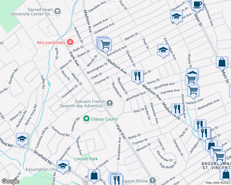 map of restaurants, bars, coffee shops, grocery stores, and more near 112 Stratfield Place in Bridgeport