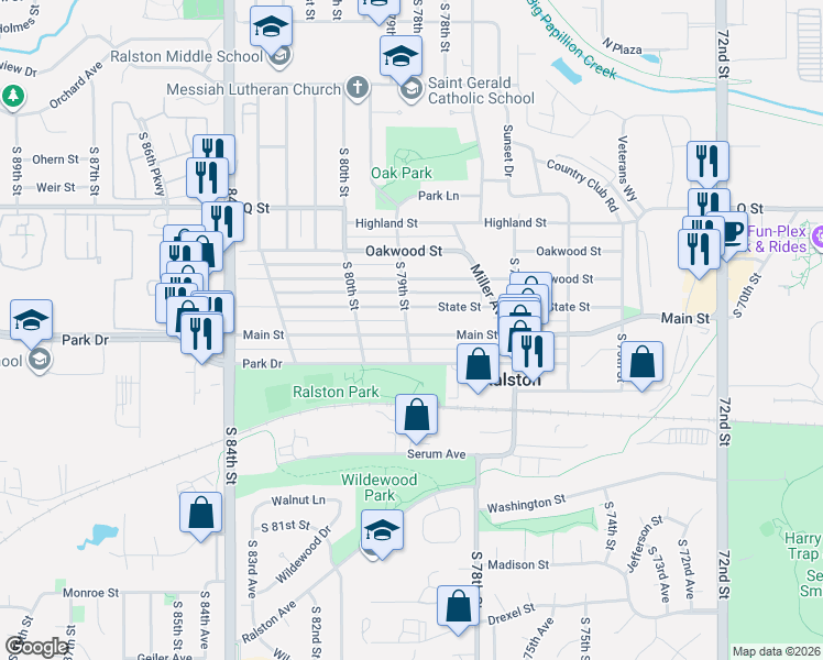 map of restaurants, bars, coffee shops, grocery stores, and more near 5511 South 79th Street in Ralston