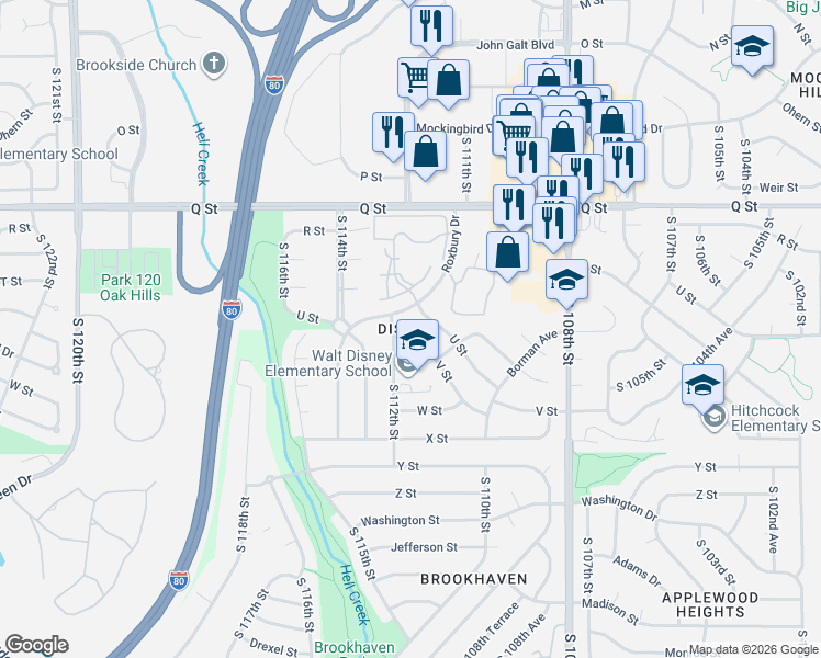 map of restaurants, bars, coffee shops, grocery stores, and more near 11141 U Street in Omaha