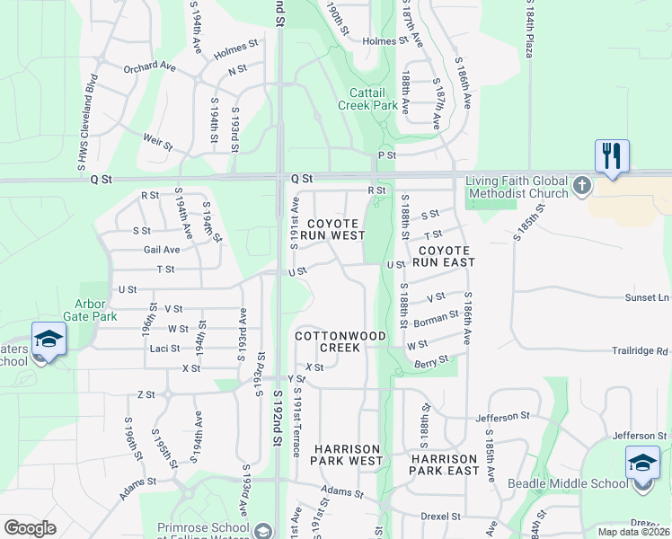 map of restaurants, bars, coffee shops, grocery stores, and more near 5602 South 190th Terrace in Omaha